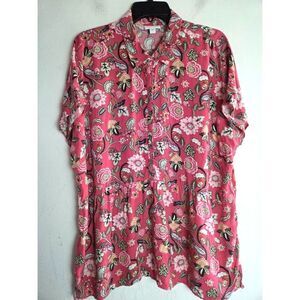 J.Jill Pink w/Multicolor Floral Print Pop-Over Baby Doll Collard Blouse size XL